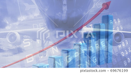 Digital illustration of a plane taking off over data processing, statistics showing 69676199