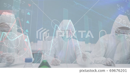 Digital illustration of three scientists wearing suits and gloves and masks working Digital illustration of three scientists wearing suits and gloves and masks working 69676201