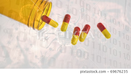 Digital illustration of medical pills falling out of a jar over data processing withstatistics showi 69676235