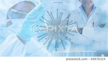 Digital illustration of a scientist wearing coronavirus covid19 mask over macro cell 69676324