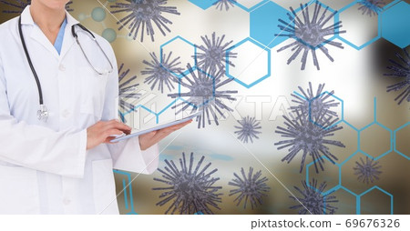 Digital illustration of a doctor over macro Coronavirus Covid-19 cells floating 69676326