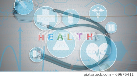 Digital illustration of medical icons over a stethoscope in background Digital illustration of medical icons over a stethoscope in background 69676411
