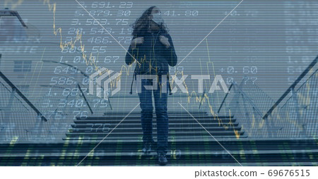 Digital illustration of a woman with a mask, walking down the stairs over data processing Digital illustration of a woman with a mask, walking down the stairs over data processing 69676515