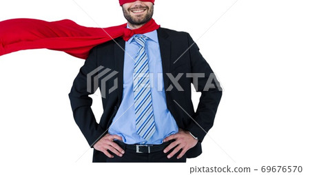 Digital illustration of a man wearing a cape, leaning his hands on his hips, smiling 69676570