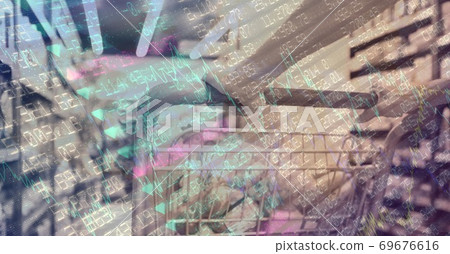 Caucasian hands pulling a cart in a store shelf over statistics 69676616