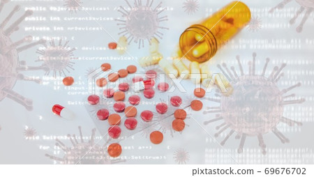 Digital illustration of medical pills and macro Coronavirus Covid-19 cells floating on white backgro 69676702