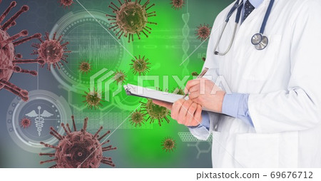 Digital illustration of a doctor over macro Coronavirus Covid-19 cells floating and data processing 69676712