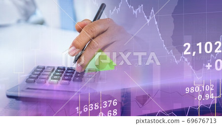Digital illustration of Caucasian male hands calculating over statistics Digital illustration of Caucasian male hands calculating over statistics 69676713