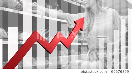 Digital illustration of Caucasian woman doing shopping, holding notebook over data recording 69676809