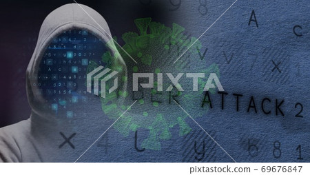 Hacker during coronavirus covid19 pandemic with green cells with data and words CYBER ATTACK 69676847