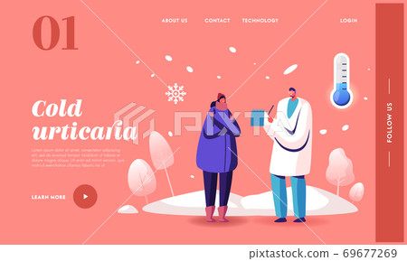 Cold Allergy Landing Page Template. Doctor Character Writing Recipe to Woman Patient with Flu Symptoms Giving Medicine 69677269
