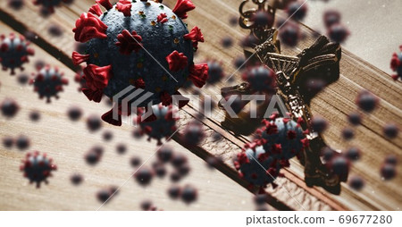 Covid-19 cells against cross on bible Covid-19 cells against cross on bible 69677280