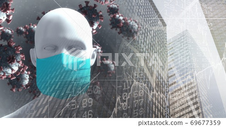 Covid-19 cells and 3D human head model wearing face mask against tall buildings Covid-19 cells and 3D human head model wearing face mask against tall buildings 69677359