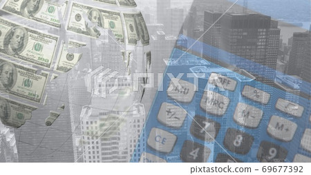 Digital illustration of globe formed with dollar with calculator over cityscape d 69677392