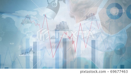 Digital illustration of doctor wearing coronavirus Covid19 mask with data processing Digital illustration of doctor wearing coronavirus Covid19 mask with data processing 69677463