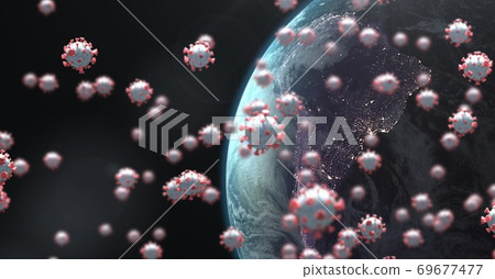 Covid-19 cells and globe against black background 69677477
