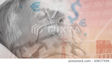 Digital illustration of a senior male patient lying in hospital bed with data and money symbol 69677499
