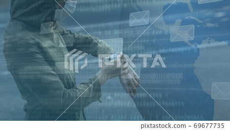Digital illustration of a person wearing a mask checking a watch with email icons floating Digital illustration of a person wearing a mask checking a watch with email icons floating 69677735
