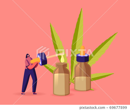 Scientist or Pharmacist Character Produce Oil of Medical Cannabis. Alternative Herbal Homeopathy Remedy or Medication 69677899