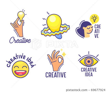 Set of Cartoon Icons Creative Idea Theme. Hand Holding Glowing Light Bulb, Thoughtful Woman Face and Lamp, Open Eye 69677924