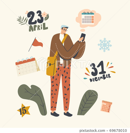 Man Planning Life Events, Meetings and Working Projects with Calendar on Smartphone Digital Device. Time Management Man Planning Life Events, Meetings and Working Projects with Calendar on Smartphone Digital Device. Time Management 69678010