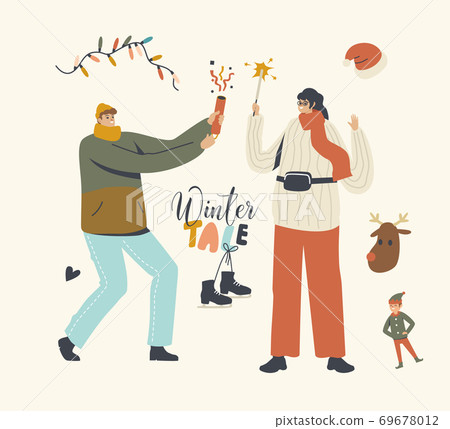 Couple with Sparkler and Сracker Celebrate Christmas or New Year. Happy People Rejoice on Corporate or Home Party Couple with Sparkler and Сracker Celebrate Christmas or New Year. Happy People Rejoice on Corporate or Home Party 69678012