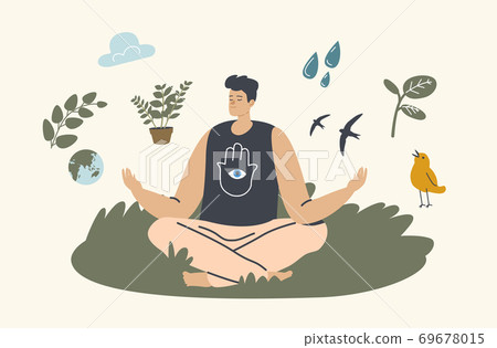 Unity with Nature Concept. Man Meditating Outdoors Sit in Lotus Yoga Asana Pose. Healthy Lifestyle, Relaxed Spare Time Unity with Nature Concept. Man Meditating Outdoors Sit in Lotus Yoga Asana Pose. Healthy Lifestyle, Relaxed Spare Time 69678015