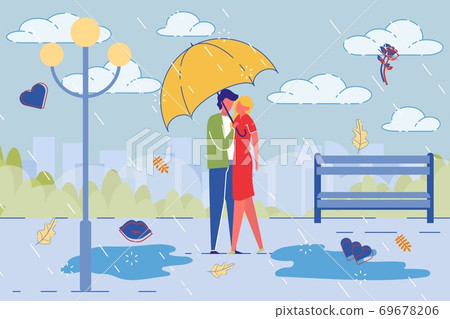 Loving Couple Romantic Date in Rain in City Park. Loving Couple Romantic Date in Rain in City Park. 69678206