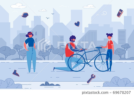 Flat Illustration Dad Repairs Daughters Bike. Flat Illustration Dad Repairs Daughters Bike. 69678207