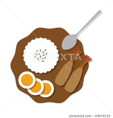 炸蝦和煮雞蛋澆咖哩飯 炸蝦和煮雞蛋澆咖哩飯 69678319