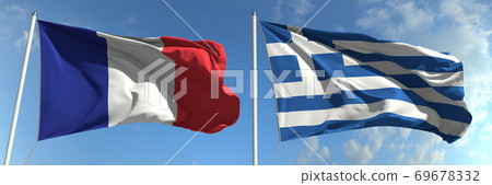 Flags of France and Greece on flagpoles. 3d rendering Flags of France and Greece on flagpoles. 3d rendering 69678332