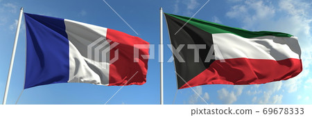 Waving flags of France and Kuwait on flagpoles, 3d rendering Waving flags of France and Kuwait on flagpoles, 3d rendering 69678333