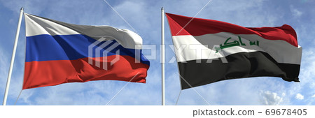 Waving flags of Russia and Iraq on flagpoles, 3d rendering Waving flags of Russia and Iraq on flagpoles, 3d rendering 69678405