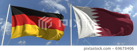 Waving flags of Germany and Qatar on flagpoles, 3d rendering 69678406