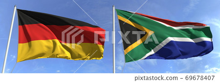 Flying flags of Germany and South africa on high flagpoles. 3d rendering Flying flags of Germany and South africa on high flagpoles. 3d rendering 69678407