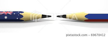 Pencils with flags of Australia and Russia. Political conflict concept. 3d rendering Pencils with flags of Australia and Russia. Political conflict concept. 3d rendering 69678412