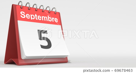 September 5 date written in French on the flip calendar page, 3d rendering 69678463