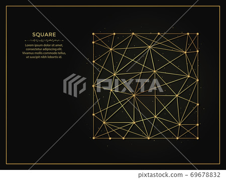Square golden abstract illustration on dark background. Geometric shape polygonal template made from lines and dots. Square golden abstract illustration on dark background. Geometric shape polygonal template made from lines and dots. 69678832