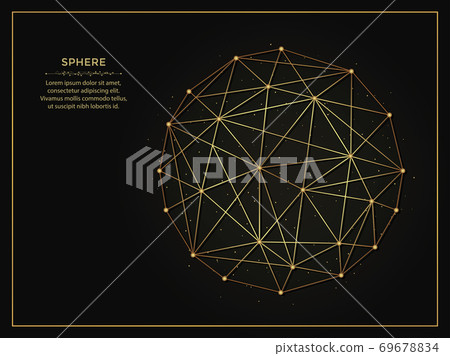 Sphere golden abstract illustration on dark background. Geometric shape polygonal template made from lines and dots. Sphere golden abstract illustration on dark background. Geometric shape polygonal template made from lines and dots. 69678834