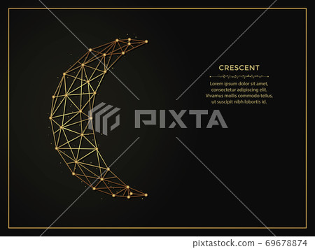 Crescent golden abstract illustration on dark background. Geometric shape polygonal template made from lines and dots. Crescent golden abstract illustration on dark background. Geometric shape polygonal template made from lines and dots. 69678874