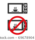 Microvave oven icon with warning sign. Product sticker, cooking instruction pictogram. Vector illustration. 69678904