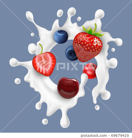Realistic Detailed 3d Raw Berries with Milk or Yogurt. Vector Realistic Detailed 3d Raw Berries with Milk or Yogurt. Vector 69679420
