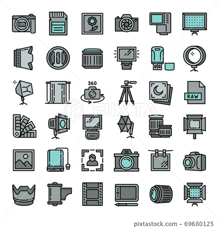 Photographer equipment icons set, outline style Photographer equipment icons set, outline style 69680125