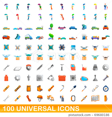 100 universal icons set, cartoon style 69680186