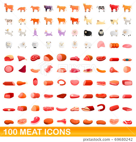 100 meat icons set, cartoon style 69680242