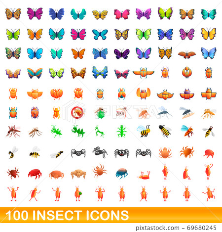 100 insect icons set, cartoon style 69680245