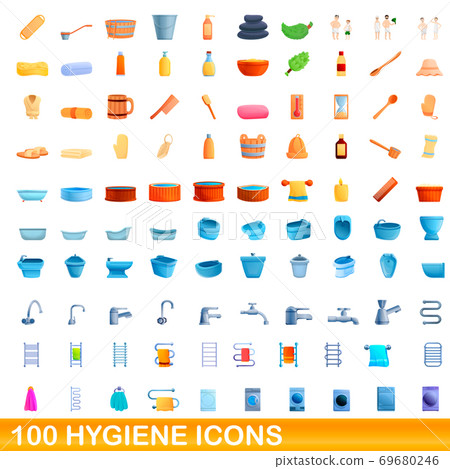 100 hygiene icons set, cartoon style 69680246