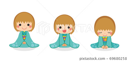 A polite girl who bows in a kimono, a cute illustration set A polite girl who bows in a kimono, a cute illustration set 69680258
