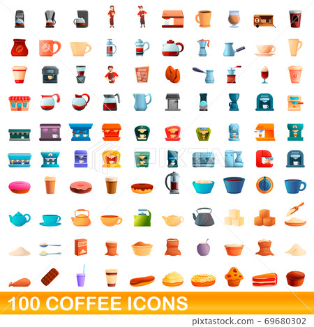 100 coffee icons set, cartoon style 69680302