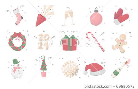 Vector color icons Christmas and New Year concept - gift, snowman, wreath Vector color icons Christmas and New Year concept - gift, snowman, wreath 69680572
